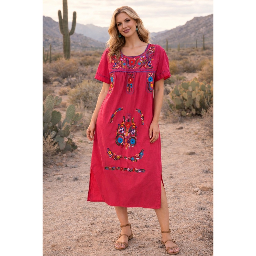 Vintage‎ Mexican Embroidered Dress Pink Short Sleeve Midi Boho Fiesta One Size